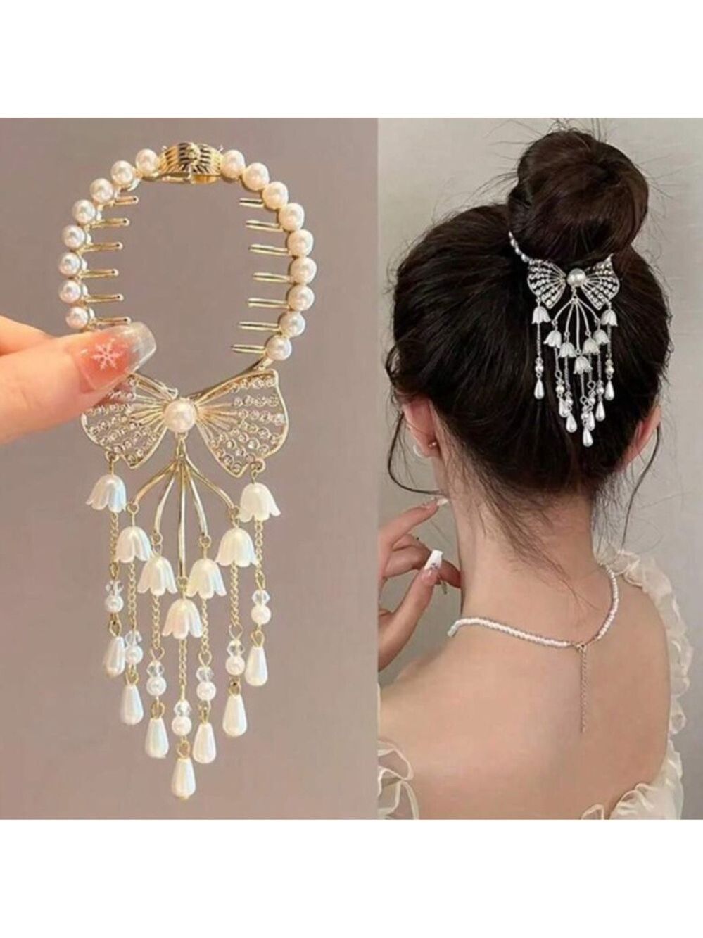 Elegant Bow and Lily Pearl Hair Accessory with Pearl & Rhinestone Accents